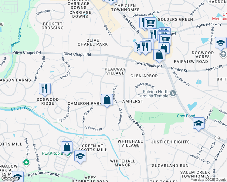 map of restaurants, bars, coffee shops, grocery stores, and more near 1059 Mosstree Dr in Apex