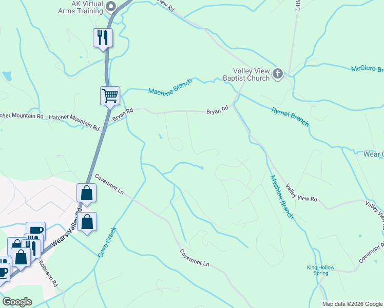 map of restaurants, bars, coffee shops, grocery stores, and more near 2934 Will Bryan Way in Sevierville