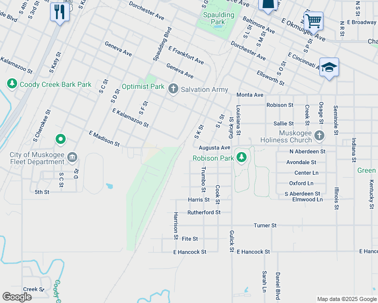 map of restaurants, bars, coffee shops, grocery stores, and more near 1004 Wood Street in Muskogee