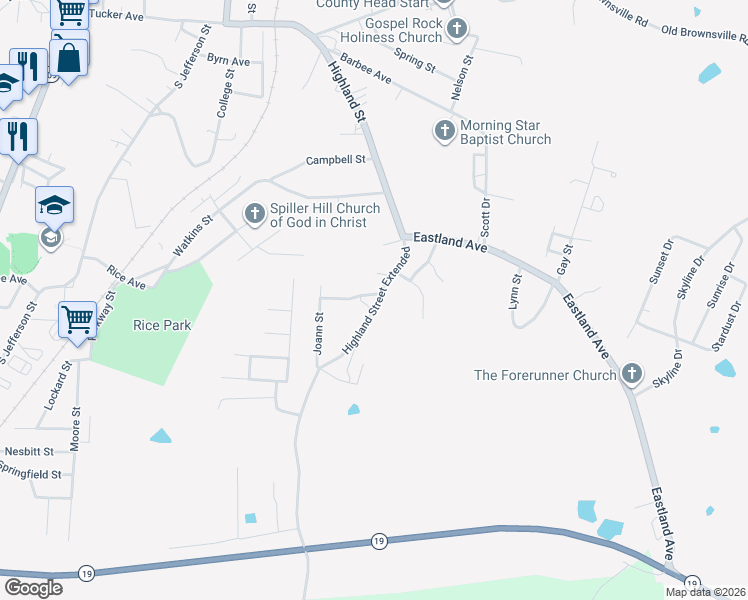 map of restaurants, bars, coffee shops, grocery stores, and more near 278 Highland Street Extended in Ripley