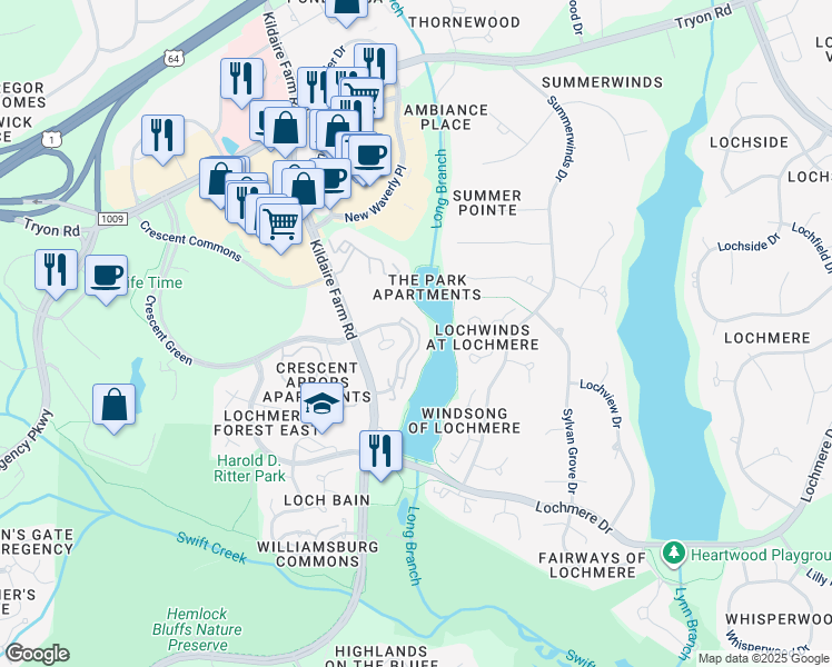 map of restaurants, bars, coffee shops, grocery stores, and more near 313 Glen Echo Lane in Cary