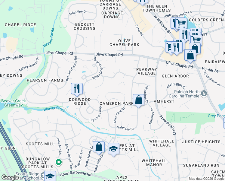 map of restaurants, bars, coffee shops, grocery stores, and more near 1232 Dalgarven Drive in Apex