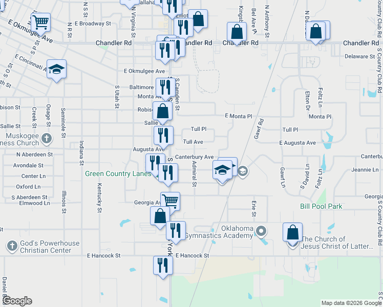 map of restaurants, bars, coffee shops, grocery stores, and more near 2424 Canterbury Avenue in Muskogee