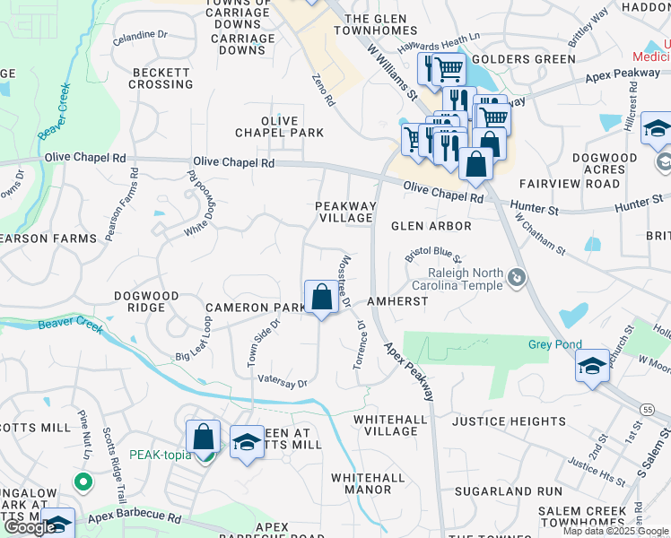 map of restaurants, bars, coffee shops, grocery stores, and more near 1059 Mosstree Drive in Apex
