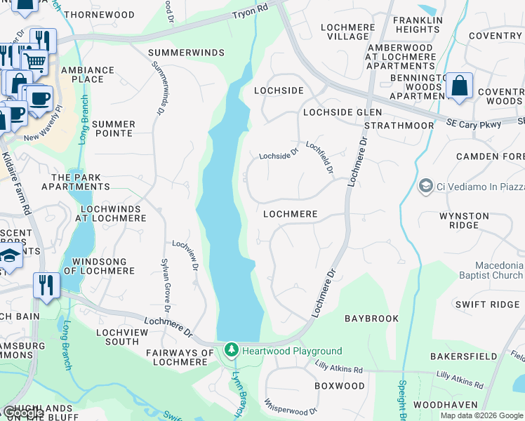 map of restaurants, bars, coffee shops, grocery stores, and more near 309 Lochside Drive in Cary