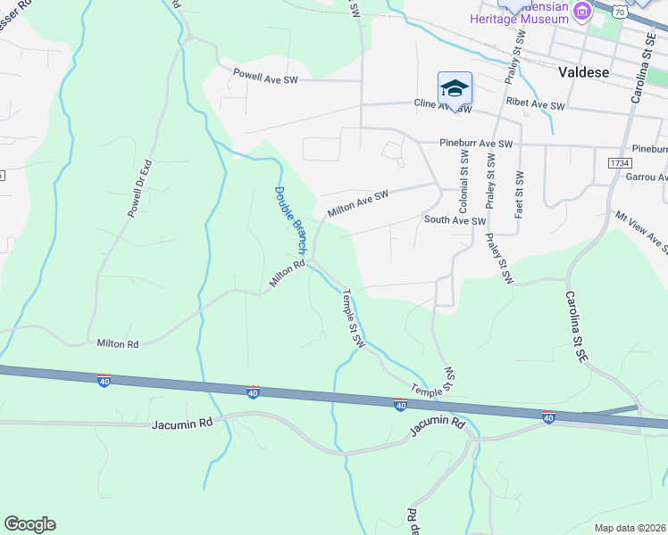map of restaurants, bars, coffee shops, grocery stores, and more near 1063 Temple Street Southwest in Valdese