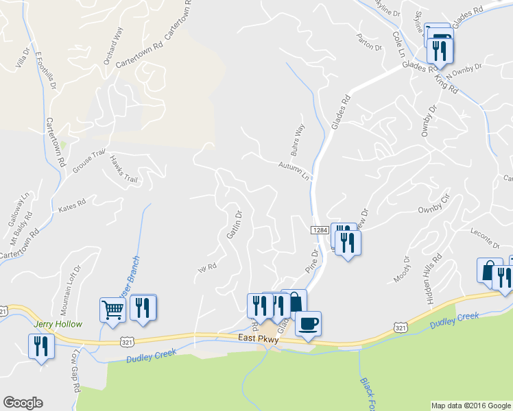 map of restaurants, bars, coffee shops, grocery stores, and more near 320 Bruce Road in Gatlinburg