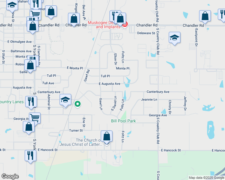 map of restaurants, bars, coffee shops, grocery stores, and more near 3100 Canterbury Avenue in Muskogee