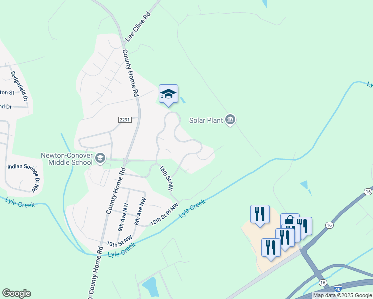 map of restaurants, bars, coffee shops, grocery stores, and more near 1713 Piper's Ridge Circle Northwest in Conover