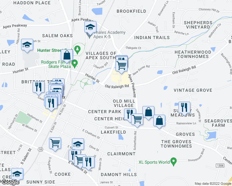 map of restaurants, bars, coffee shops, grocery stores, and more near 1000 Old Raleigh Road in Apex