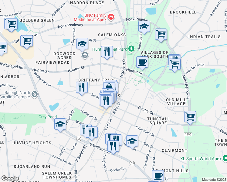 map of restaurants, bars, coffee shops, grocery stores, and more near in Apex