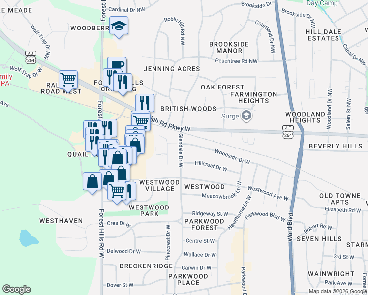 map of restaurants, bars, coffee shops, grocery stores, and more near 1731 Woodside Drive West in Wilson