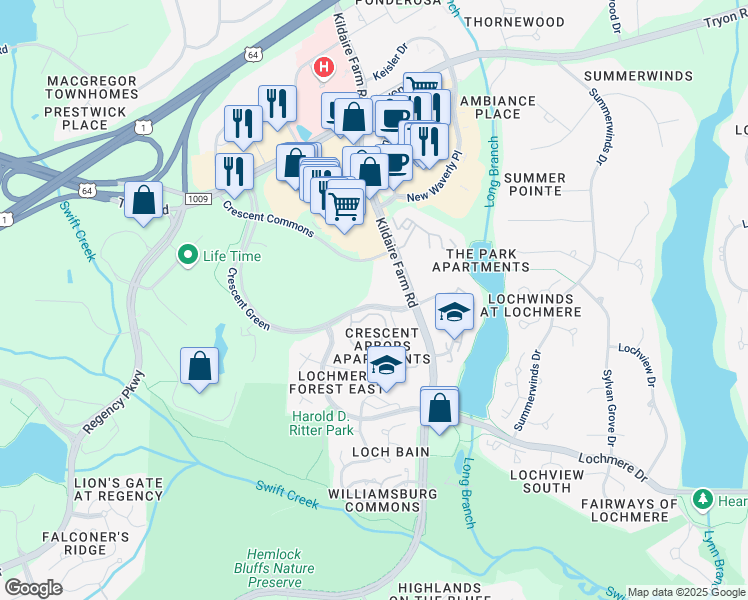 map of restaurants, bars, coffee shops, grocery stores, and more near 1050 Crescent Green in Cary