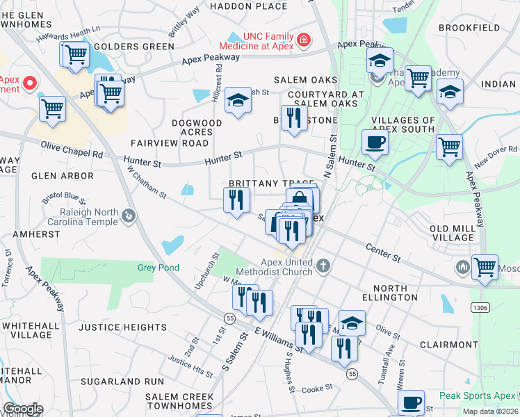 map of restaurants, bars, coffee shops, grocery stores, and more near 217 Saunders Street in Apex