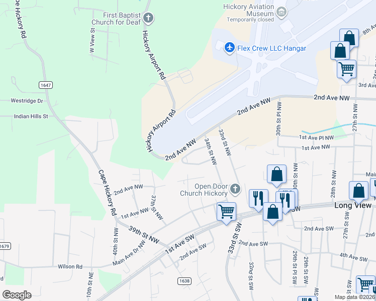 map of restaurants, bars, coffee shops, grocery stores, and more near 3571 1st Avenue Circle Northwest in Hickory
