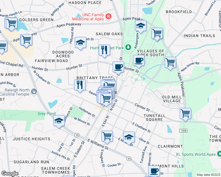 map of restaurants, bars, coffee shops, grocery stores, and more near 301 North Salem Street in Apex