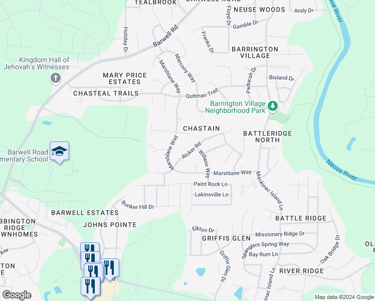 map of restaurants, bars, coffee shops, grocery stores, and more near 5947 Ricker Road in Raleigh