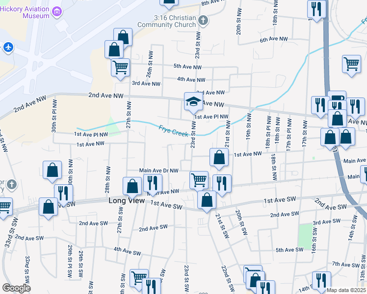 map of restaurants, bars, coffee shops, grocery stores, and more near 115 23rd Street Northwest in Hickory