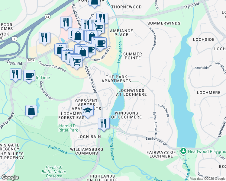 map of restaurants, bars, coffee shops, grocery stores, and more near 313 Glen Echo Lane in Cary