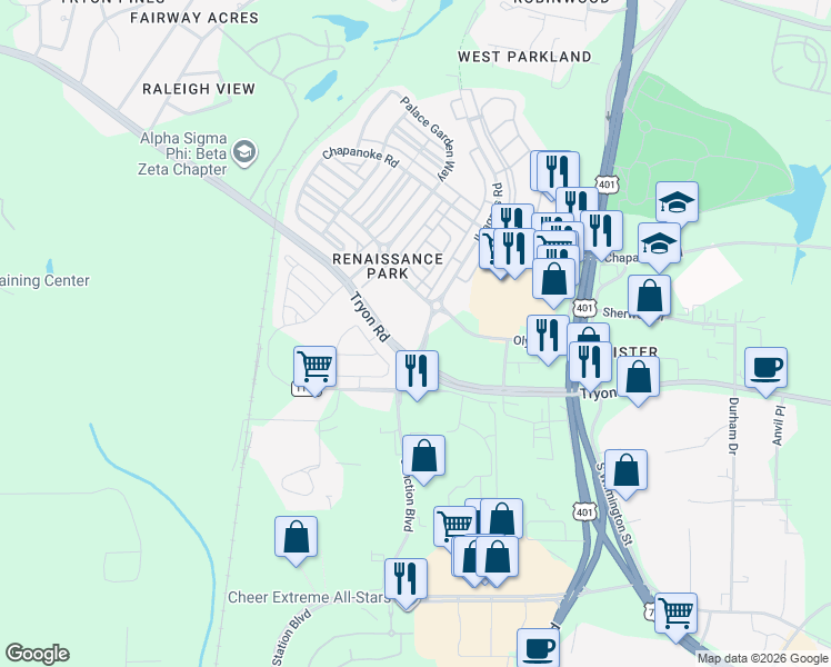 map of restaurants, bars, coffee shops, grocery stores, and more near Ileagnes Rd in Raleigh