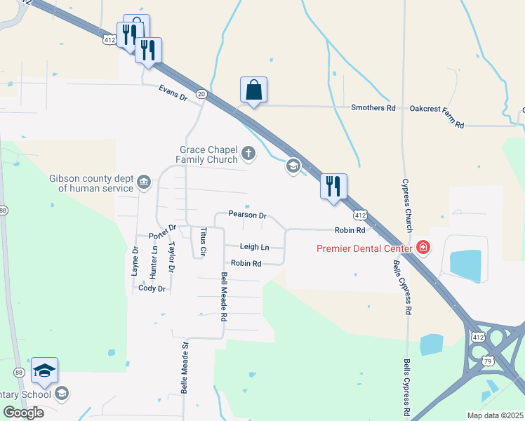 map of restaurants, bars, coffee shops, grocery stores, and more near 199 Pearson Drive in Bells