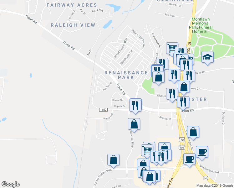 map of restaurants, bars, coffee shops, grocery stores, and more near 615 Cupola Drive in Raleigh