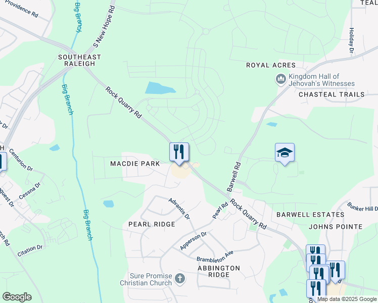 map of restaurants, bars, coffee shops, grocery stores, and more near 5401 Rock Quarry Road in Raleigh