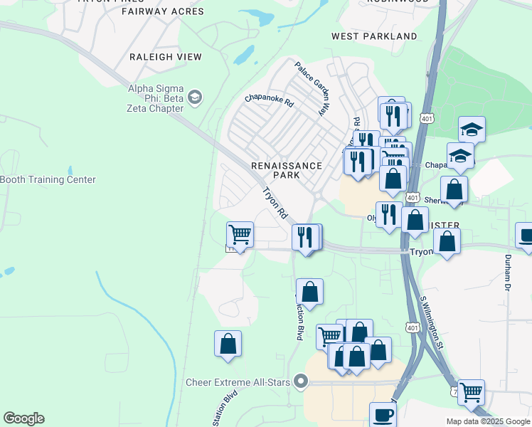 map of restaurants, bars, coffee shops, grocery stores, and more near 615 Cupola Drive in Raleigh