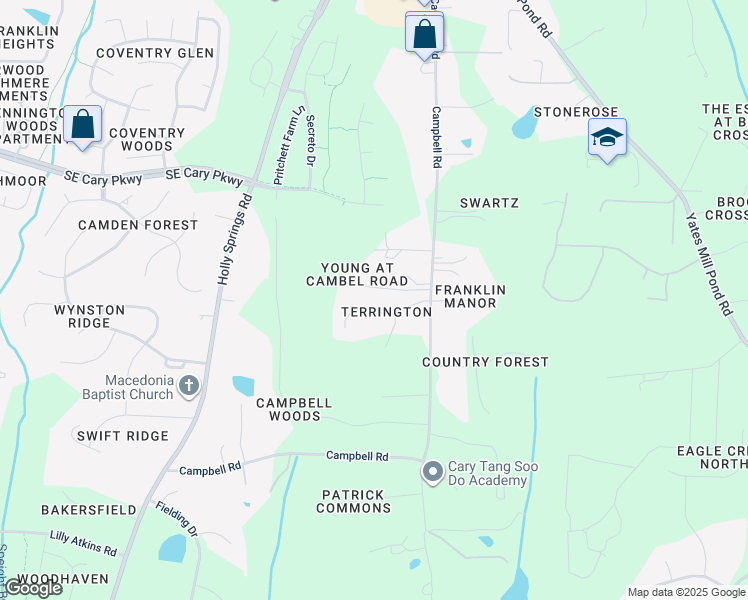 map of restaurants, bars, coffee shops, grocery stores, and more near 5924 Terrington Lane in Raleigh