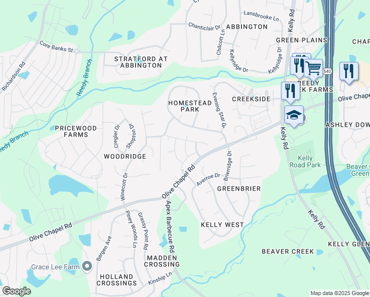 map of restaurants, bars, coffee shops, grocery stores, and more near Glorybower Way in Apex