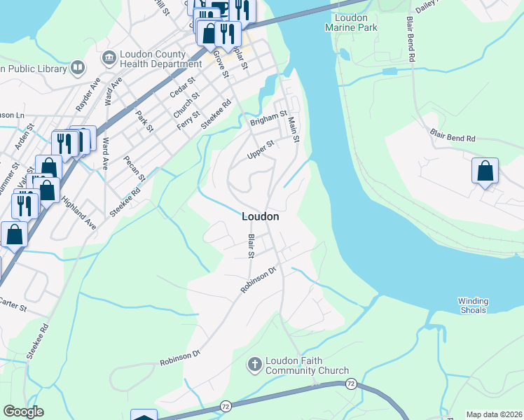 map of restaurants, bars, coffee shops, grocery stores, and more near 1129 Grove Street in Loudon