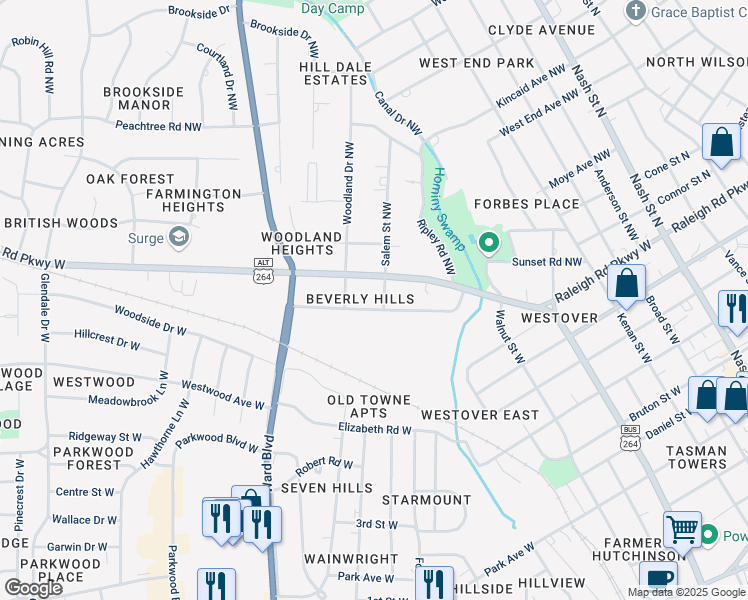 map of restaurants, bars, coffee shops, grocery stores, and more near 710 Trinity Drive West in Wilson