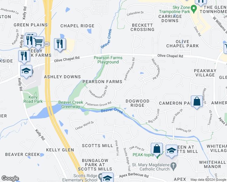 map of restaurants, bars, coffee shops, grocery stores, and more near 1307 Patterson Grove Road in Apex