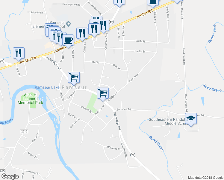 map of restaurants, bars, coffee shops, grocery stores, and more near 491 York Street in Ramseur
