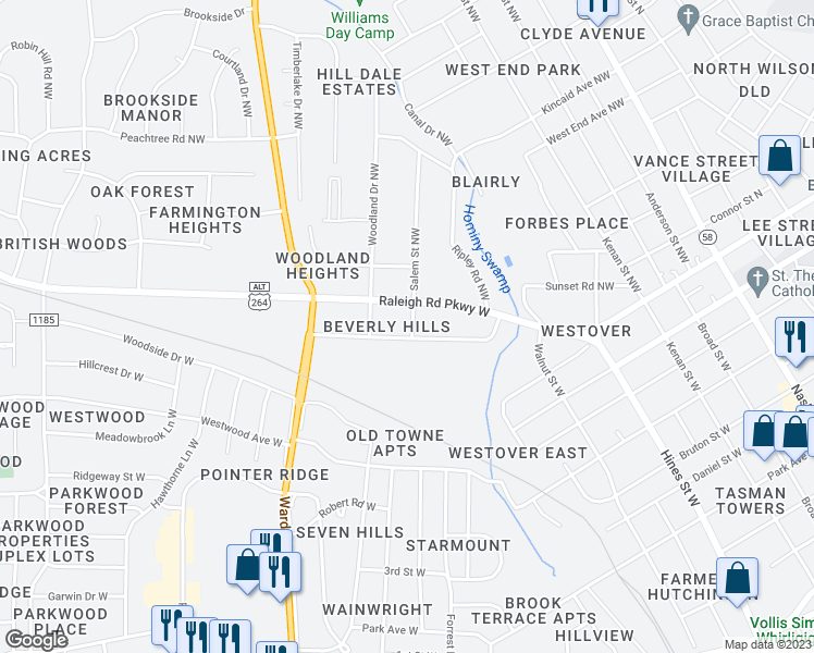 map of restaurants, bars, coffee shops, grocery stores, and more near 801 Salem Street West in Wilson