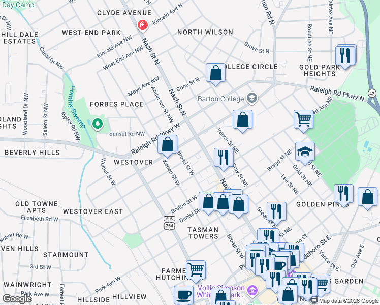 map of restaurants, bars, coffee shops, grocery stores, and more near 802 Broad Street West in Wilson