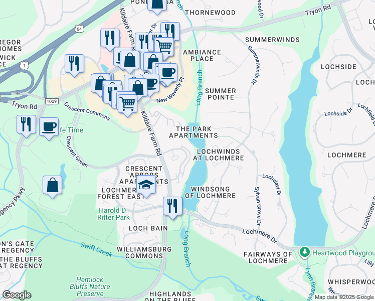 map of restaurants, bars, coffee shops, grocery stores, and more near 111 Loch Bend Lane in Cary