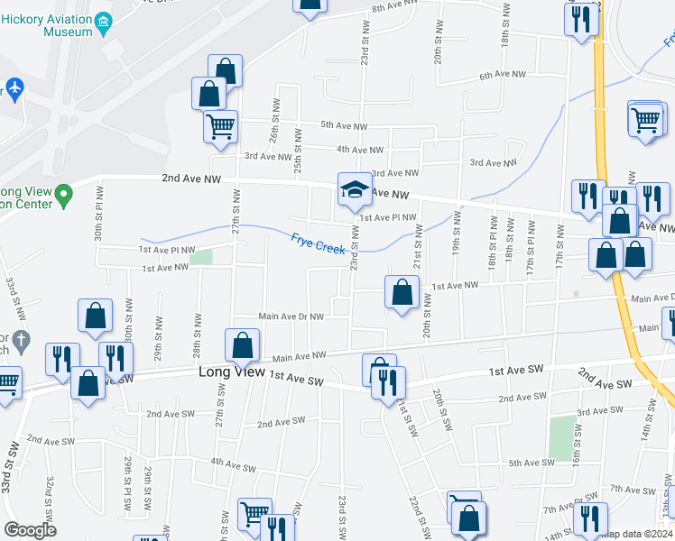 map of restaurants, bars, coffee shops, grocery stores, and more near 119 23rd Street Northwest in Hickory