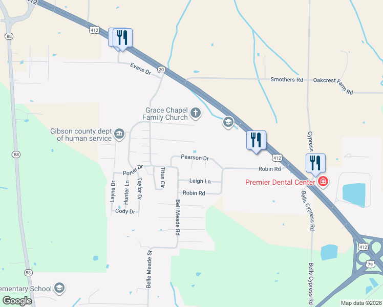 map of restaurants, bars, coffee shops, grocery stores, and more near 132 Pearson Drive in Bells