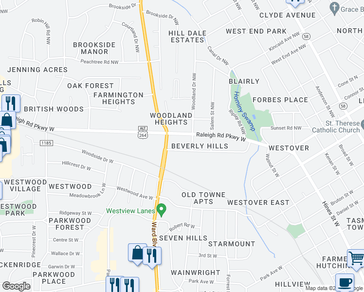 map of restaurants, bars, coffee shops, grocery stores, and more near 804 Trinity Drive West in Wilson