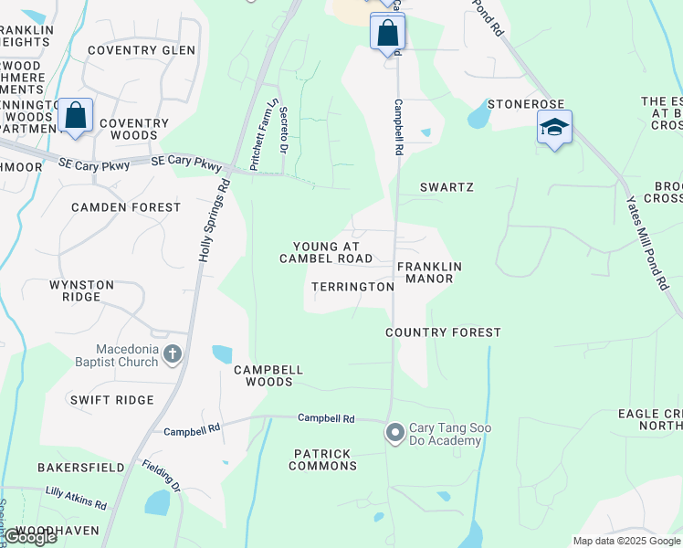 map of restaurants, bars, coffee shops, grocery stores, and more near 5924 Terrington Lane in Raleigh