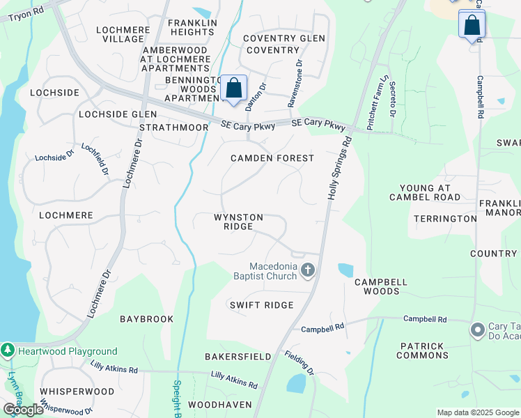 map of restaurants, bars, coffee shops, grocery stores, and more near 7009 Spring Ridge Road in Cary
