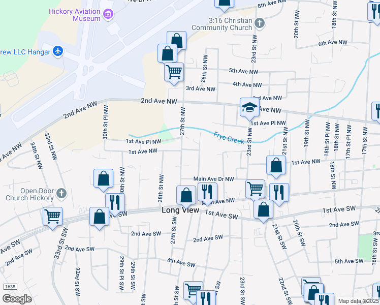 map of restaurants, bars, coffee shops, grocery stores, and more near 2623 1st Ave NW in Hickory