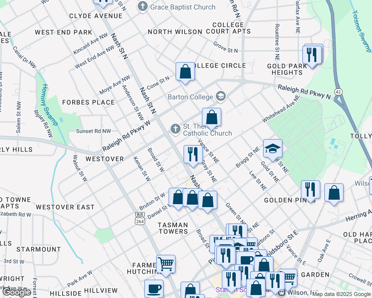 map of restaurants, bars, coffee shops, grocery stores, and more near 606 Nash Street Northeast in Wilson