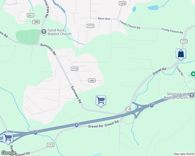 map of restaurants, bars, coffee shops, grocery stores, and more near 3195 Windy Hill Drive in Valdese