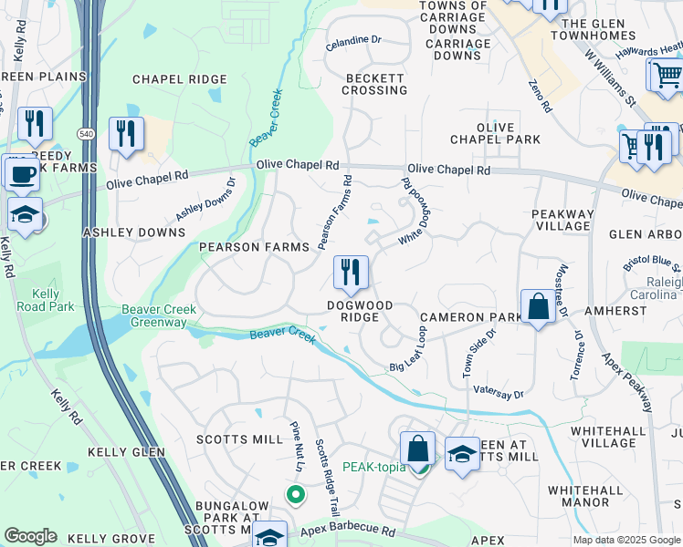 map of restaurants, bars, coffee shops, grocery stores, and more near 1311 Red Twig Road in Apex