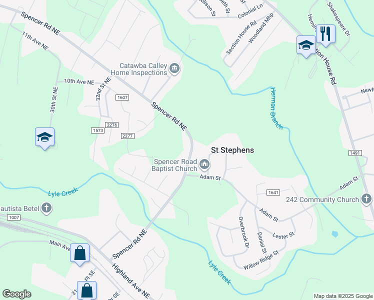map of restaurants, bars, coffee shops, grocery stores, and more near 821 Spencer Road Northeast in Conover