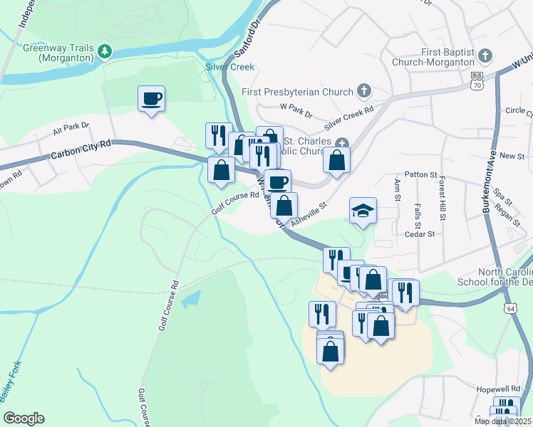 map of restaurants, bars, coffee shops, grocery stores, and more near 809 West Fleming Drive in Morganton