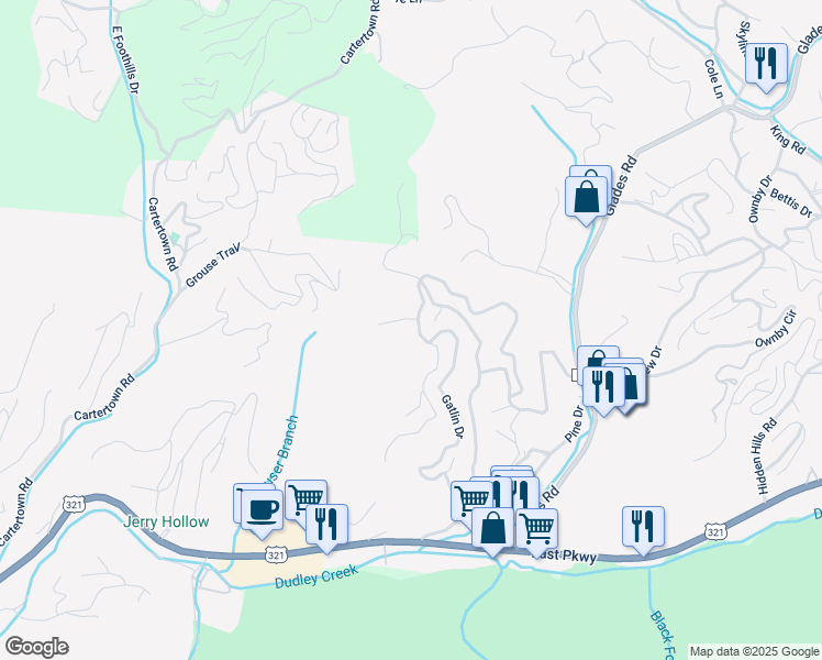 map of restaurants, bars, coffee shops, grocery stores, and more near 519 Gatlin Drive in Gatlinburg
