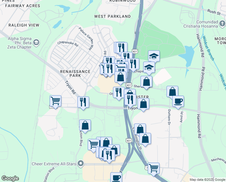map of restaurants, bars, coffee shops, grocery stores, and more near 3424 Olympia Drive in Raleigh